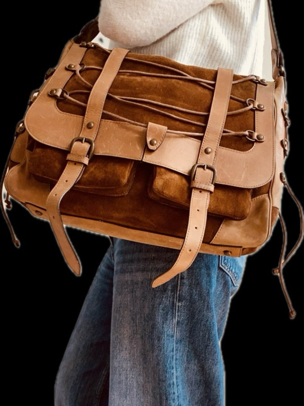 Sportmax Brown Suede and Tan Leather Tote with Drawstring Detail